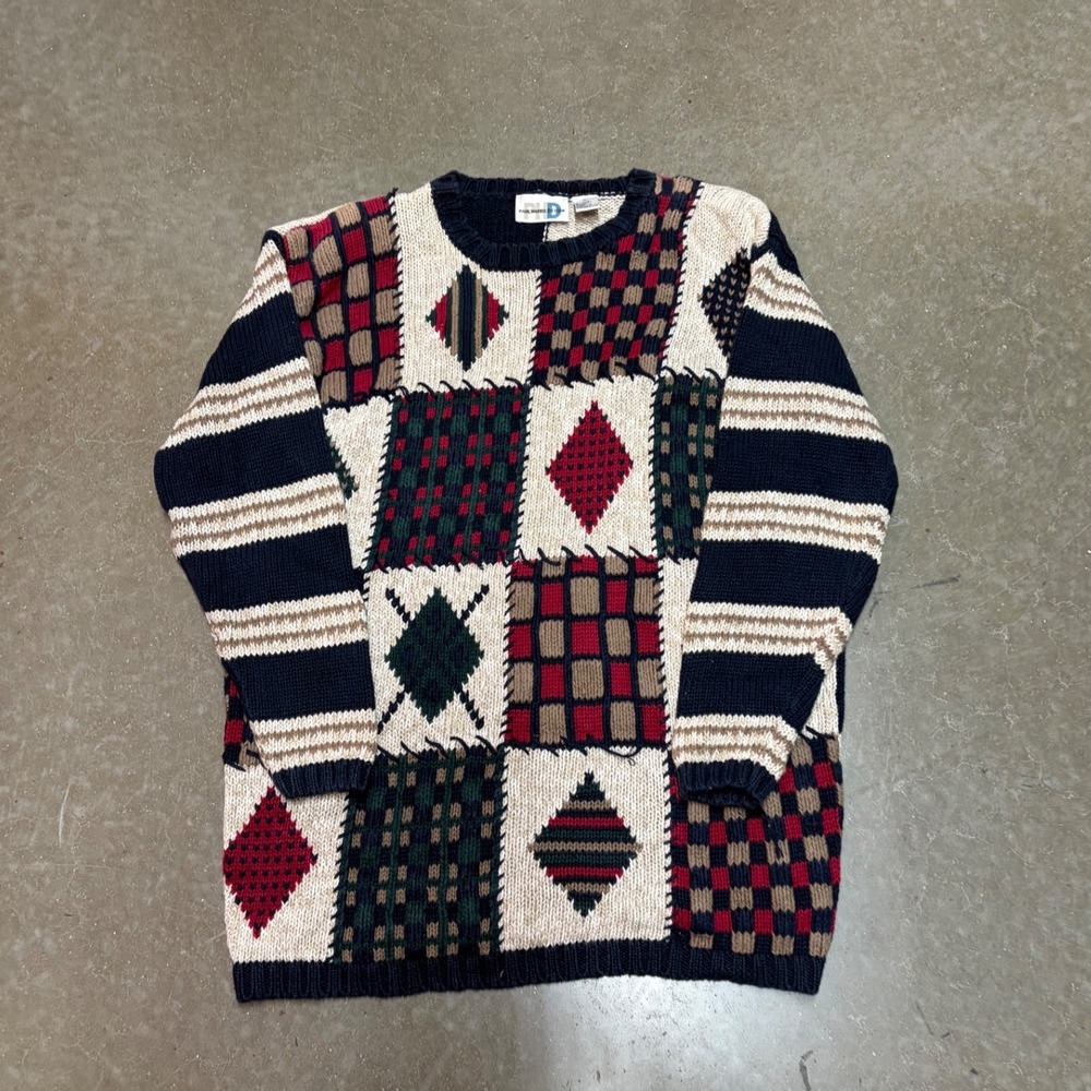 Paul Harris Design PHD Mens Large Patchwork Argyle Plaid Knit Sweater Navy Red